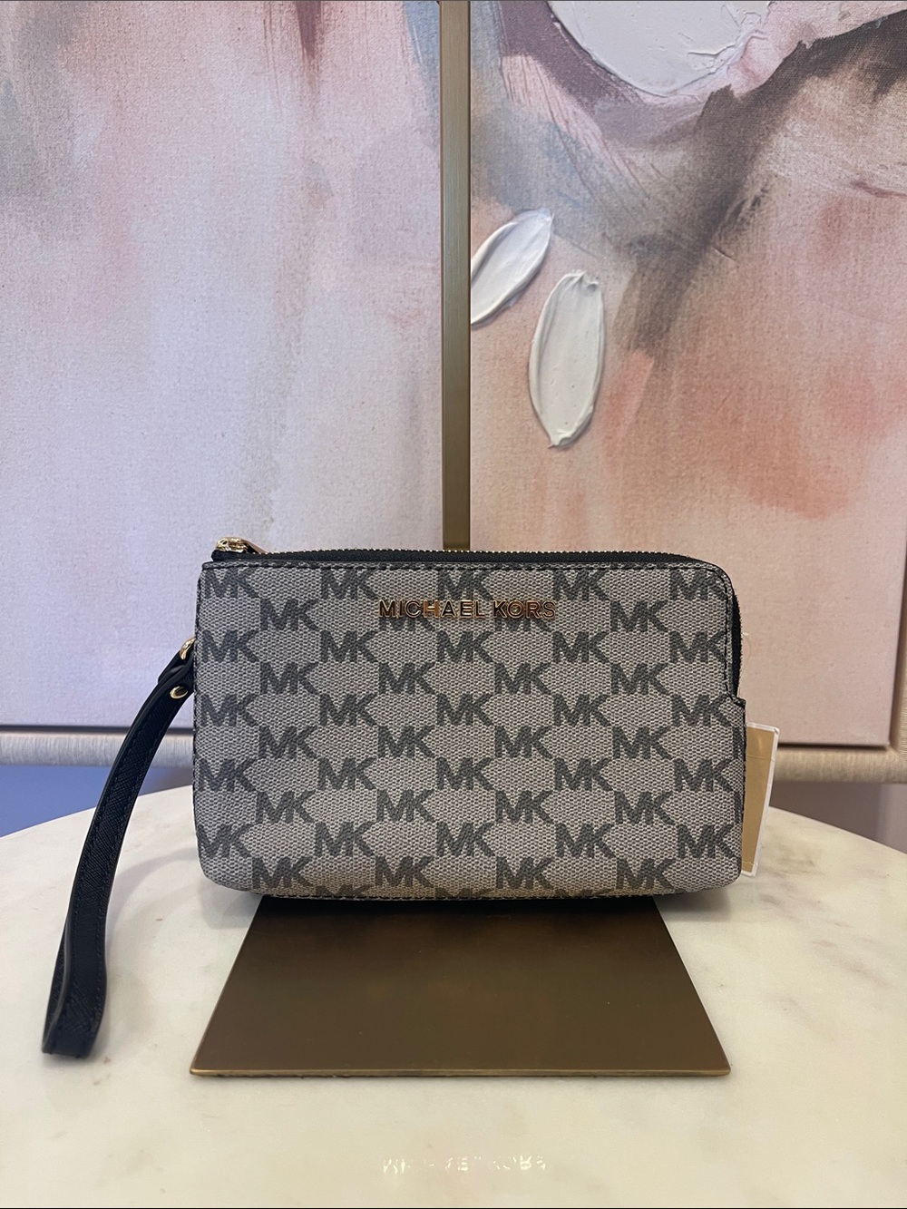 NWT Michael Kors Gray MK Logo Wristlet with Black Strap